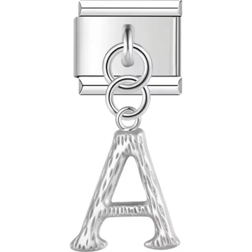 Dangling letter "A" with a textured finish Italian charm bracelet link