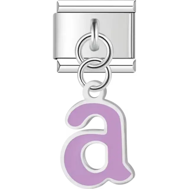 Dangling purple letter "A" Italian charm bracelet link