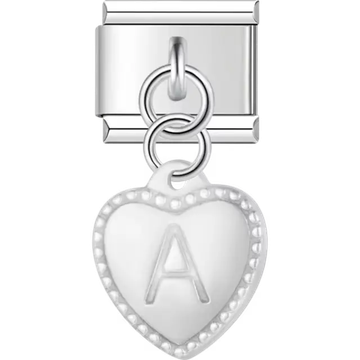 Heart with dotted border and engraved letter "A" dangle Italian charm bracelet link