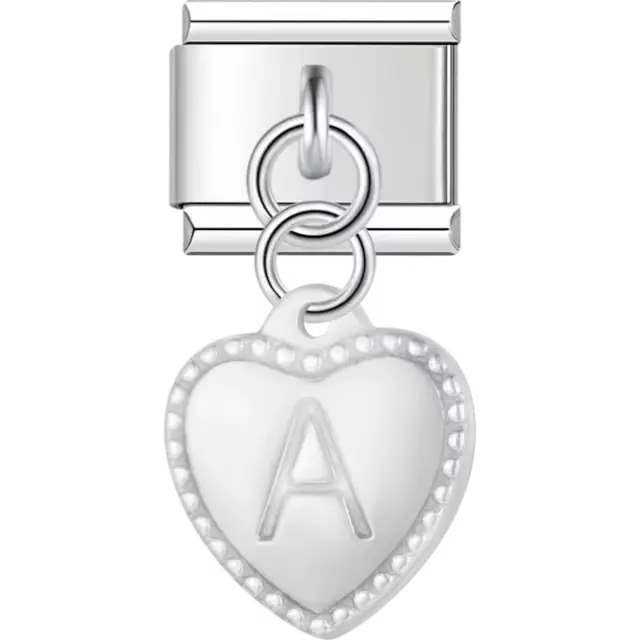 Heart with dotted border and engraved letter "A" dangle Italian charm bracelet link