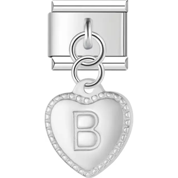 Heart with dotted border and engraved letter "B" dangle Italian charm bracelet link