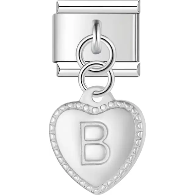 Heart with dotted border and engraved letter "B" dangle Italian charm bracelet link