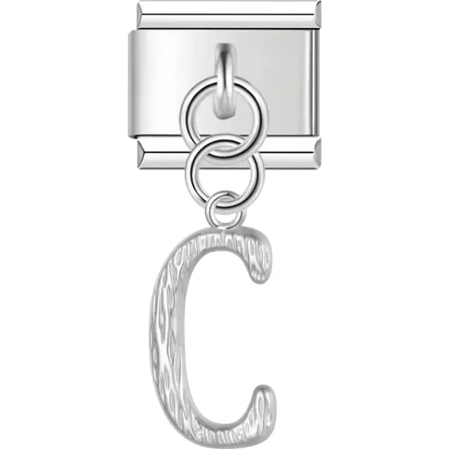 Dangling letter "C" with a textured finish Italian charm bracelet link
