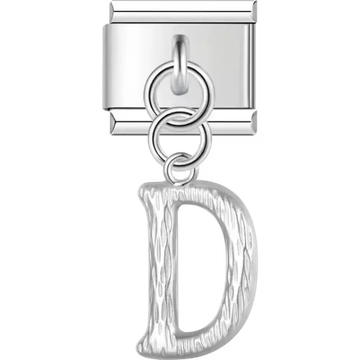 Dangling letter "D" with a textured finish Italian charm bracelet link