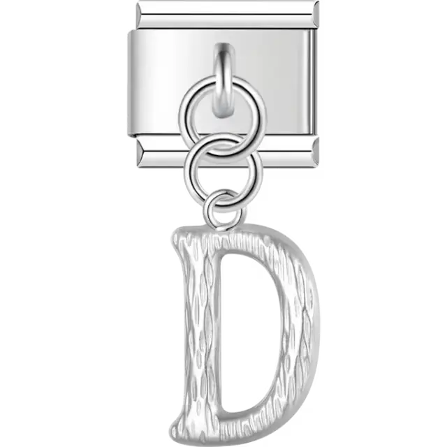 Dangling letter "D" with a textured finish Italian charm bracelet link