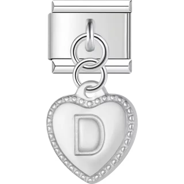 Heart with dotted border and engraved letter "D" dangle Italian charm bracelet link