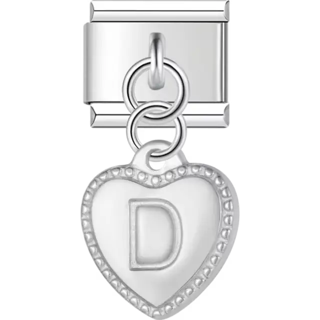Heart with dotted border and engraved letter "D" dangle Italian charm bracelet link