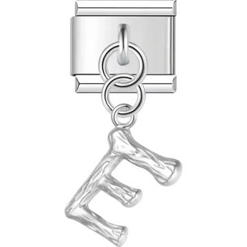 Dangling letter "E" with a textured finish Italian charm bracelet link