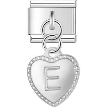 Heart with dotted border and engraved letter "E" dangle Italian charm bracelet link