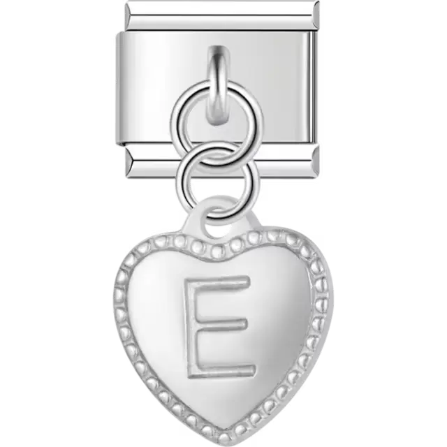 Heart with dotted border and engraved letter "E" dangle Italian charm bracelet link