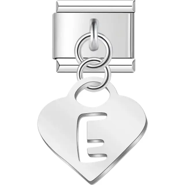 Dangling letter "E" heart Italian charm bracelet link