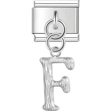 Dangling letter "F" with a textured finish Italian charm bracelet link