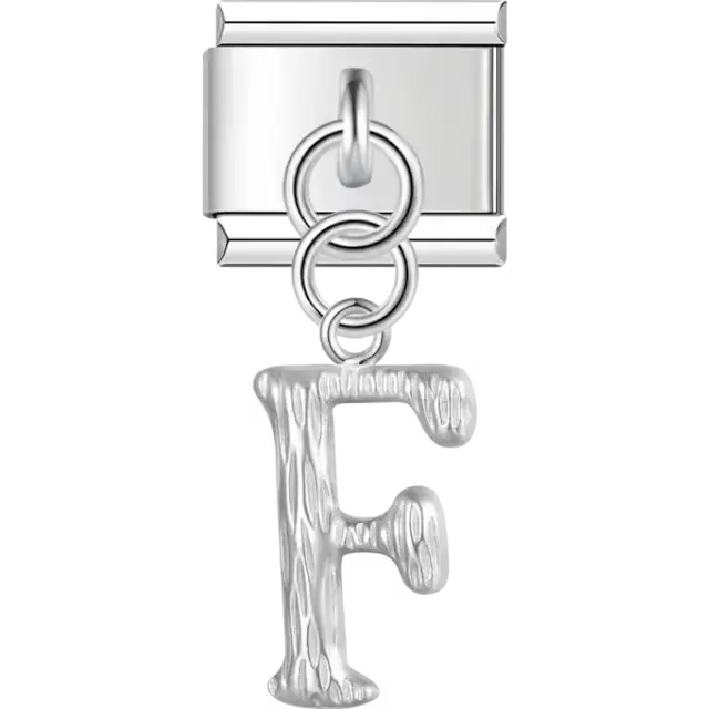 Dangling letter "F" with a textured finish Italian charm bracelet link