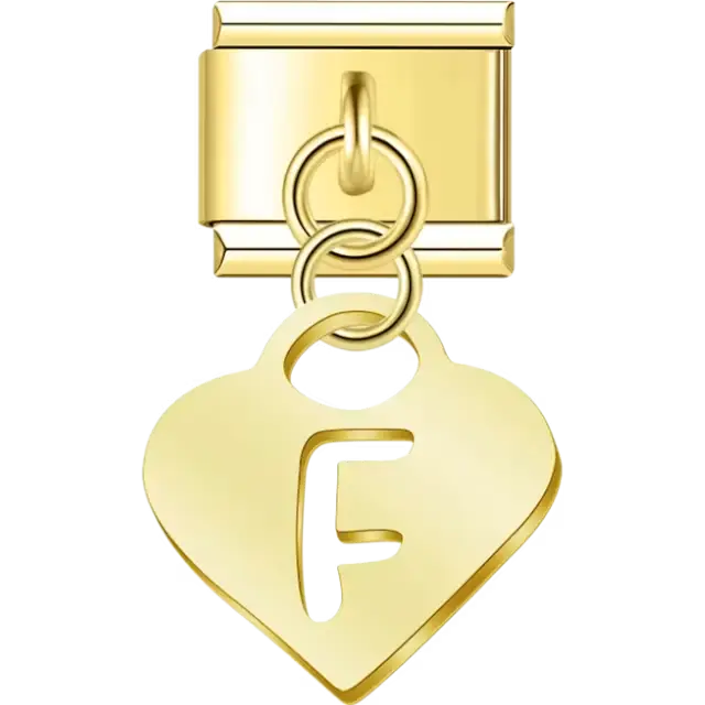 Dangling letter "F" heart Italian charm bracelet link