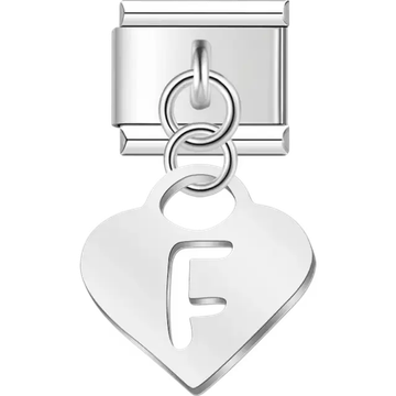Dangling letter "F" heart Italian charm bracelet link