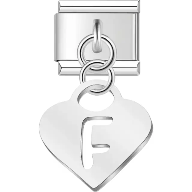 Dangling letter "F" heart Italian charm bracelet link