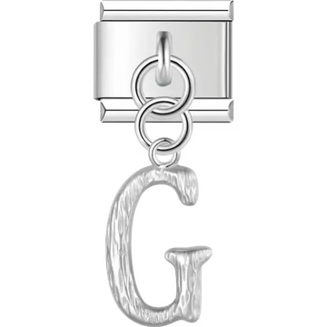Dangling letter "G" with a textured finish Italian charm bracelet link