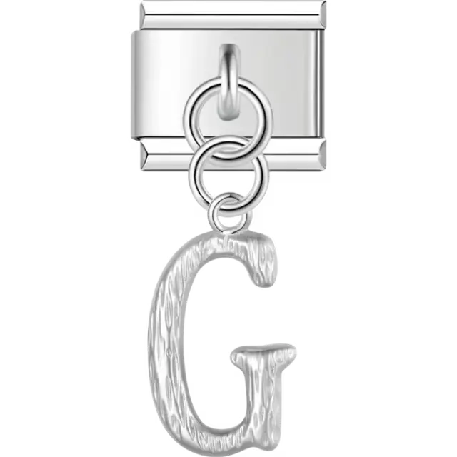 Dangling letter "G" with a textured finish Italian charm bracelet link