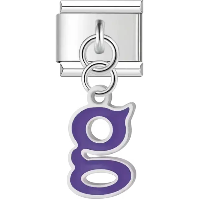 Dangling purple letter "G" Italian charm bracelet link