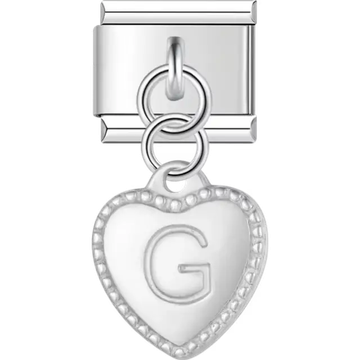 Heart with dotted border and engraved letter "G" dangle Italian charm bracelet link