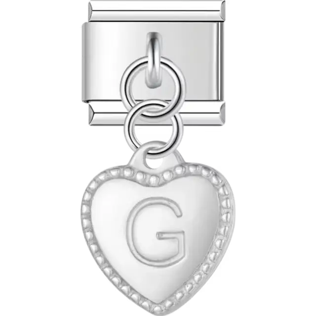 Heart with dotted border and engraved letter "G" dangle Italian charm bracelet link