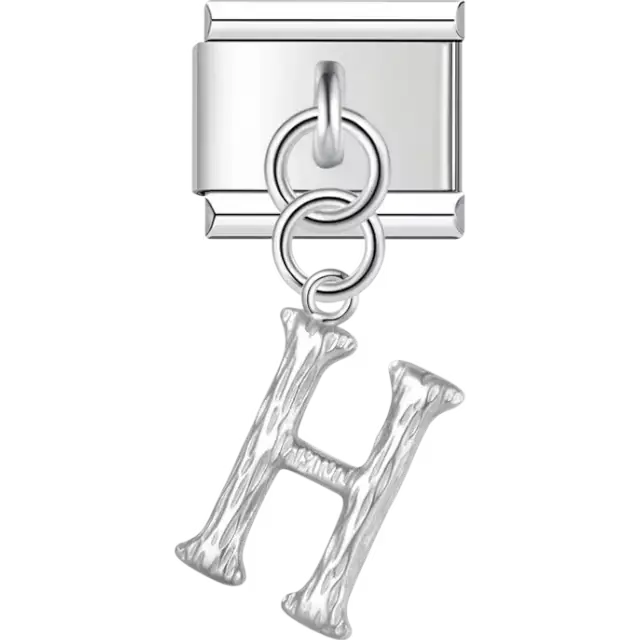 Dangling letter "H" with a textured finish Italian charm bracelet link