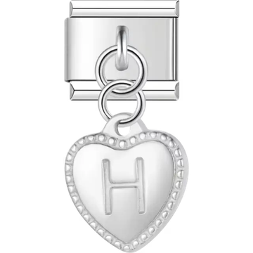 Heart with dotted border and engraved letter "H" dangle Italian charm bracelet link