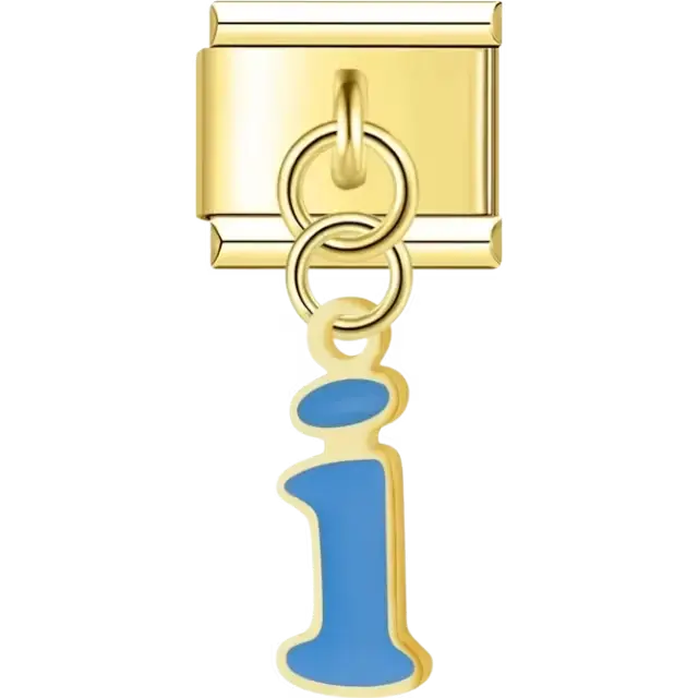 Dangling blue letter "i" Italian charm bracelet link