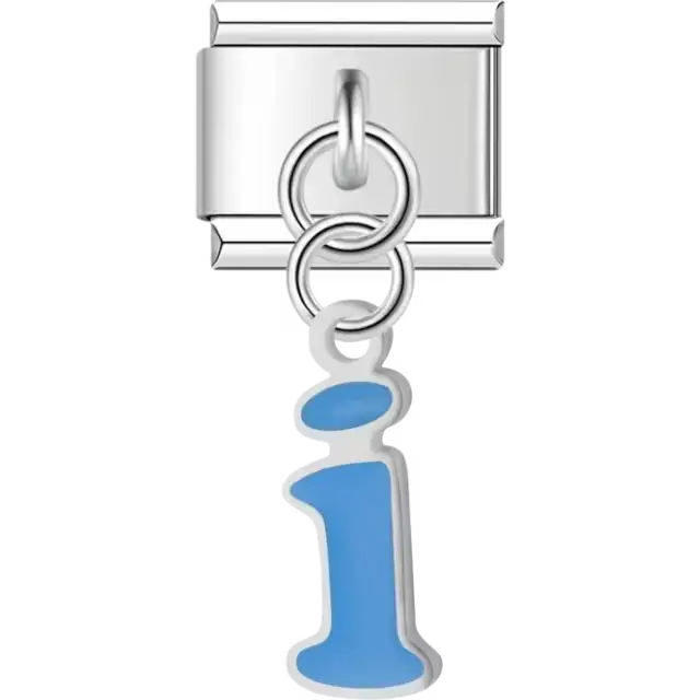 Dangling blue letter "i" Italian charm bracelet link