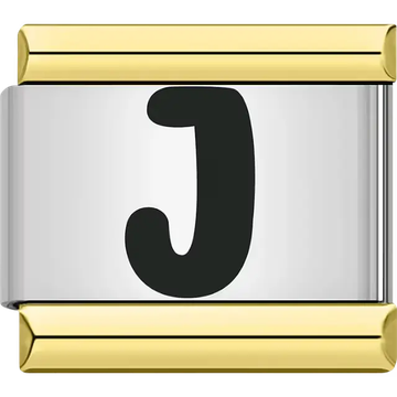 Black letter "J" gold border Italian charm bracelet link