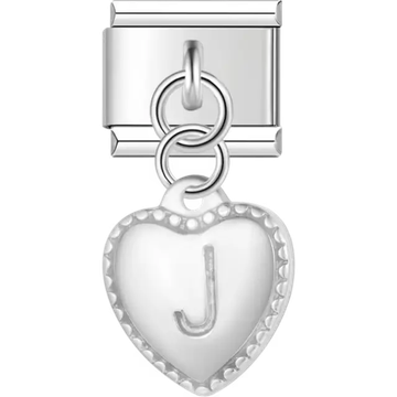 Heart with dotted border and engraved letter "J" dangle Italian charm bracelet link