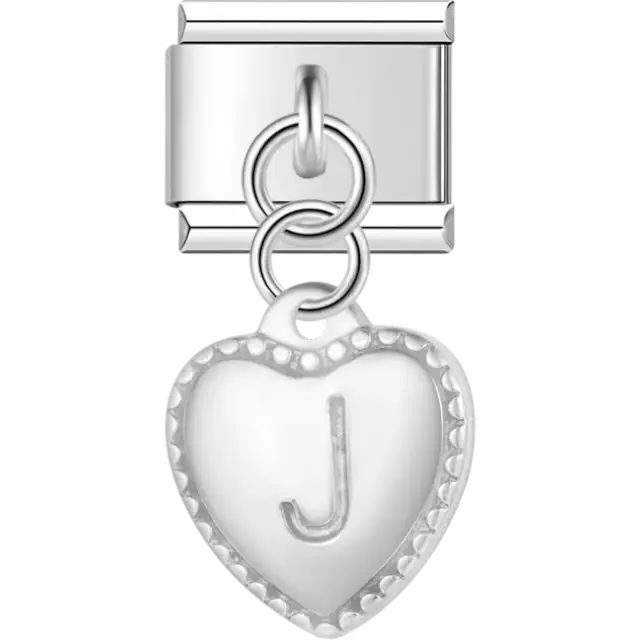 Heart with dotted border and engraved letter "J" dangle Italian charm bracelet link