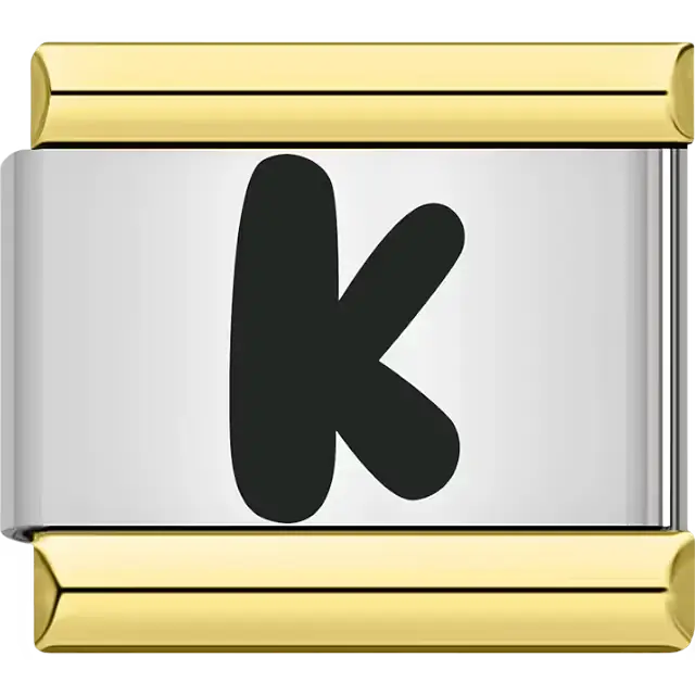Black letter "K" gold border Italian charm bracelet link