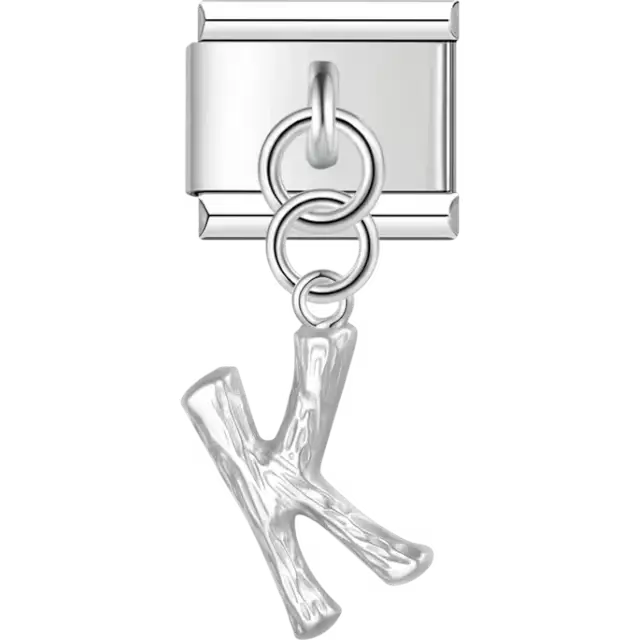 Dangling letter "K" with a textured finish Italian charm bracelet link