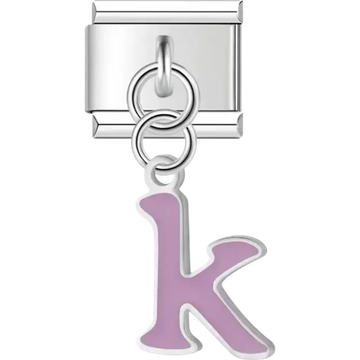 Dangling purple letter "K" Italian charm bracelet link