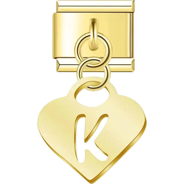 Dangling letter "K" heart Italian charm bracelet link