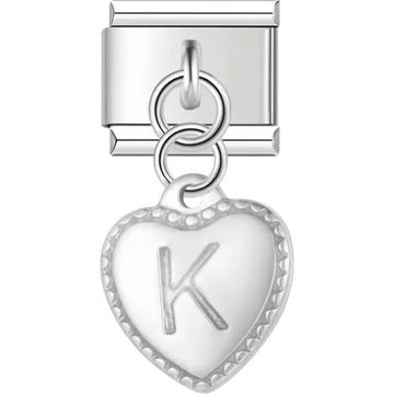 Heart with dotted border and engraved letter "K" dangle Italian charm bracelet link