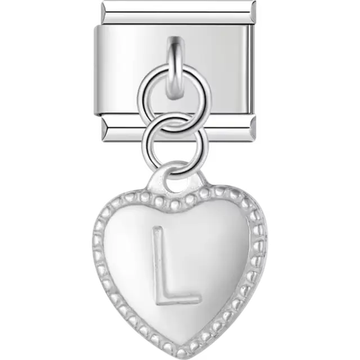 Heart with dotted border and engraved letter "L" dangle Italian charm bracelet link