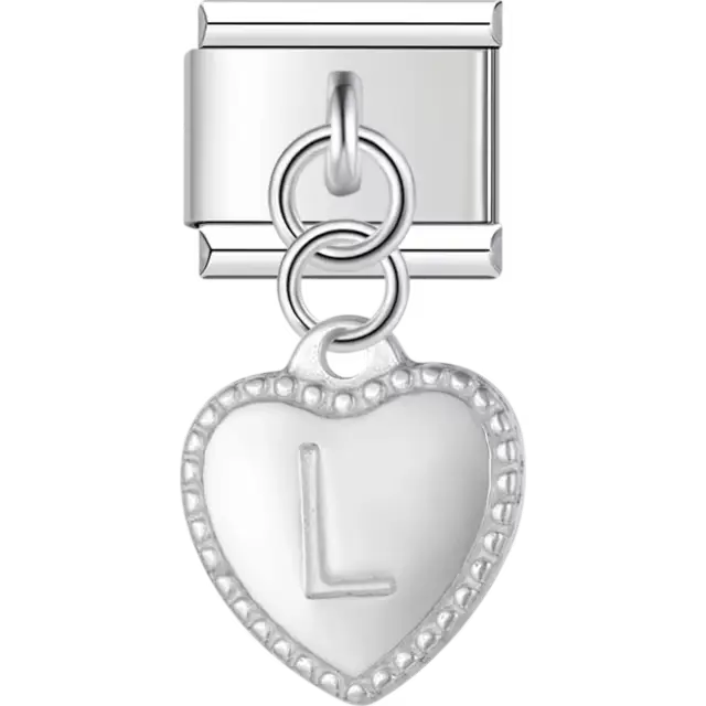 Heart with dotted border and engraved letter "L" dangle Italian charm bracelet link