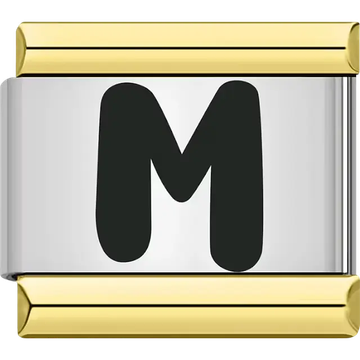 Black letter "M" gold border Italian charm bracelet link