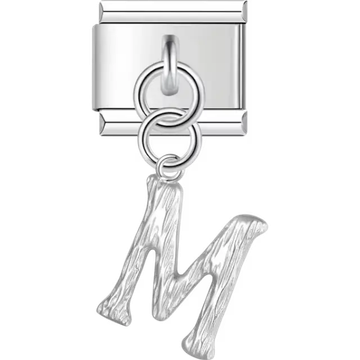 Dangling letter "M" with a textured finish Italian charm bracelet link
