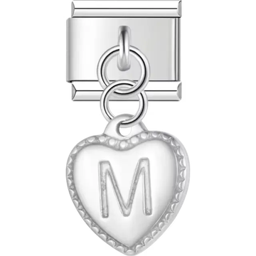 Heart with dotted border and engraved letter "M" dangle Italian charm bracelet link