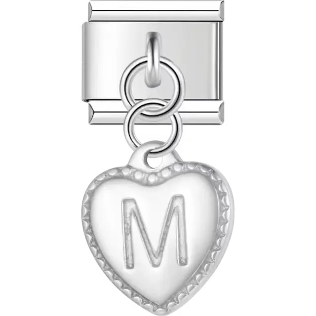 Heart with dotted border and engraved letter "M" dangle Italian charm bracelet link
