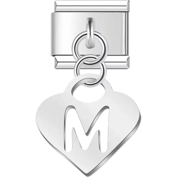 Dangling letter "M" heart Italian charm bracelet link