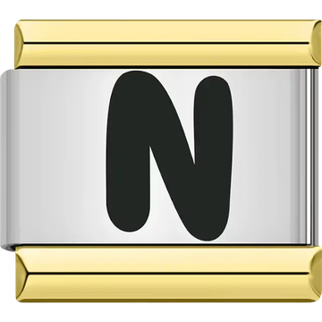 Black letter "N" gold border Italian charm bracelet link