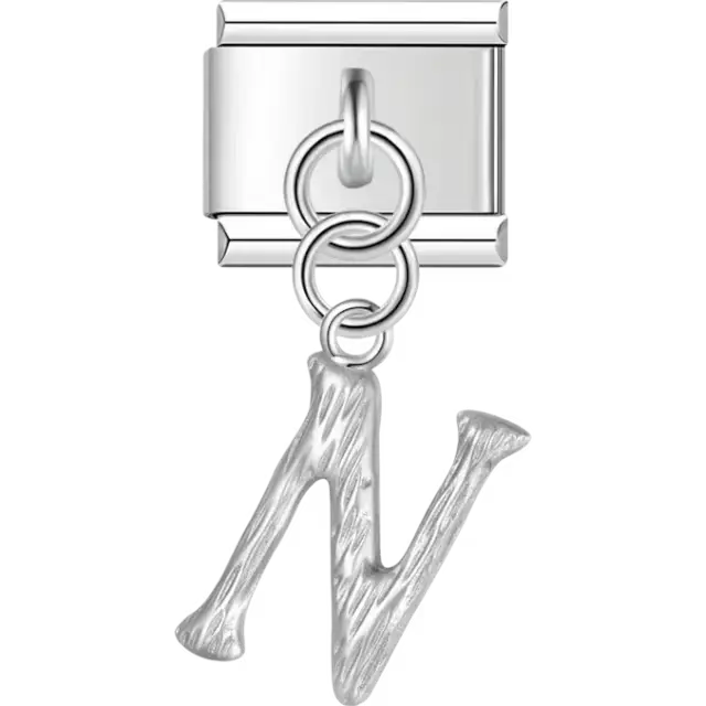 Dangling letter "N" with a textured finish Italian charm bracelet link