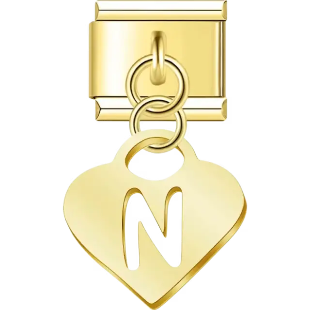 Dangling letter "N" heart Italian charm bracelet link