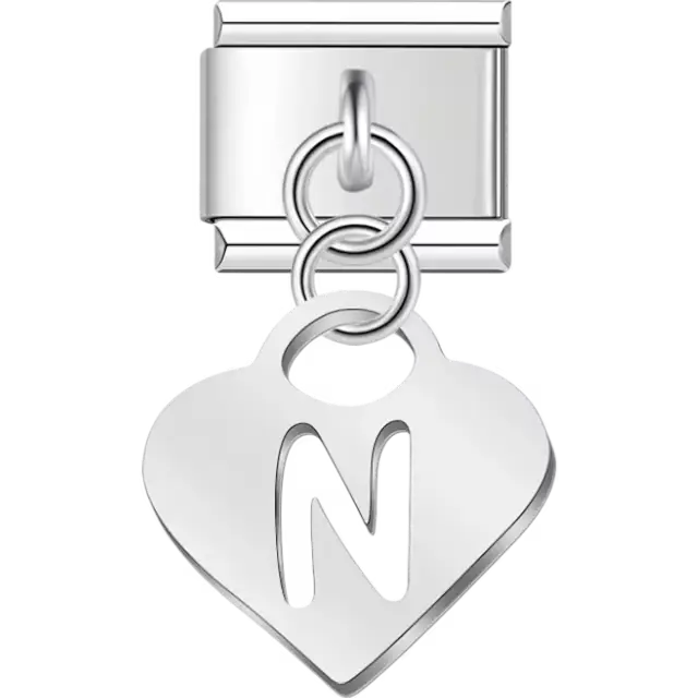 Dangling letter "N" heart Italian charm bracelet link