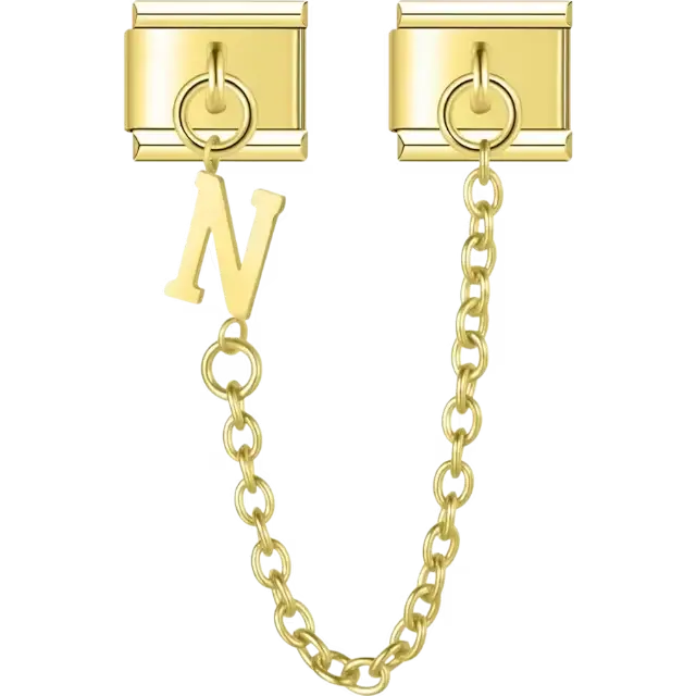 Safety chain with a dangling letter "N" Italian charm bracelet link