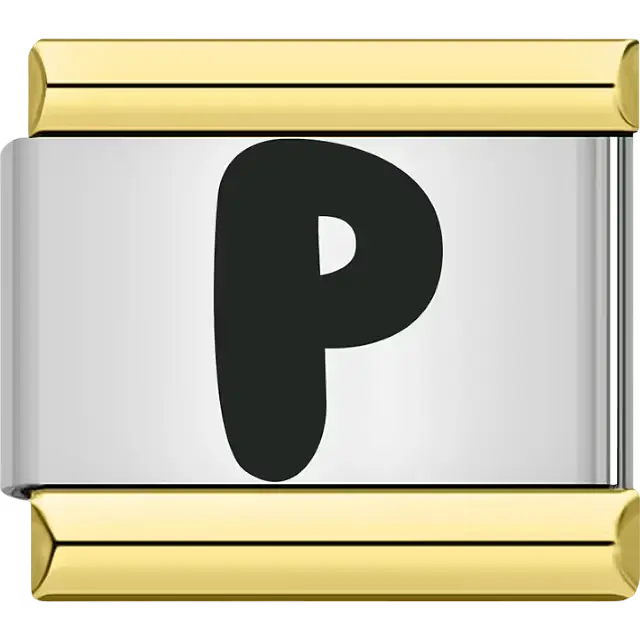 Black letter "P" gold border Italian charm bracelet link